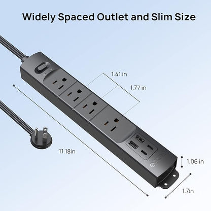 TROND Flat Plug Power Strip USB-10ft Flat Extension Cord Surge Protector Wall Mount, 2 USB C & 2 USB A Ports with Multiple Outlets, 1440J, 1625W for Office Supplies Dorm Room Essentials, Black