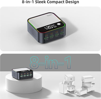 120W GaN USB C Charger Block Fast Charging, MultiPort USB Charging Station with Rainbow Gradient Light & LED Display for iPhone, Samsung Galaxy, iPad, Tablet, Laptop, Drones, Headphones