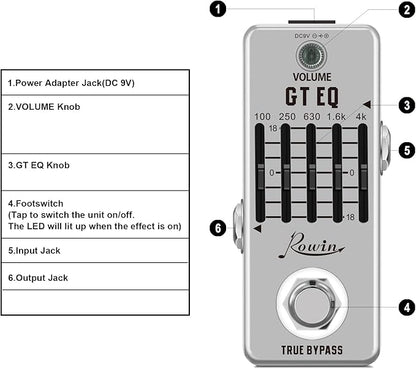 Rowin Guitar Equalize Effect Pedal EQ Add or Take Away Specific Bands Tune Parameters of Sound