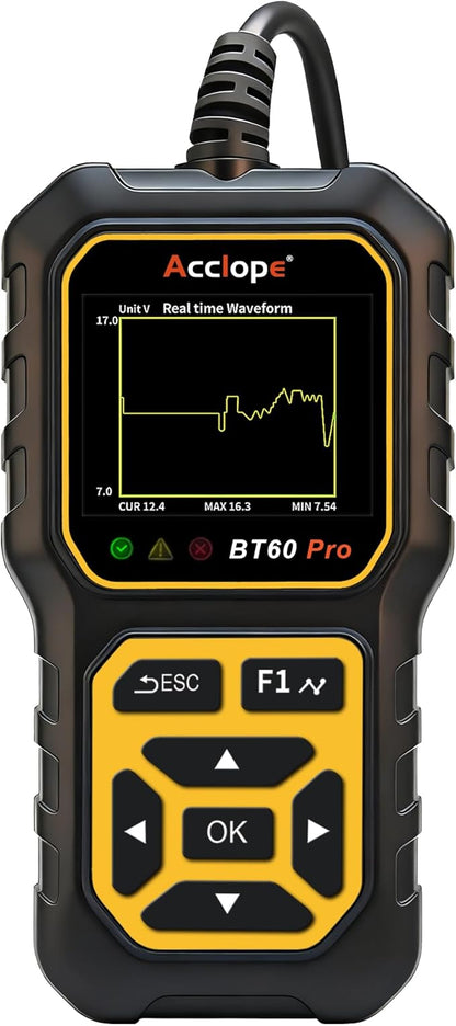 Acclope BT60 Pro Car Battery Tester, Digital Analyzer with Cloud Printing, 100-3000 CCA Range for 6V/12V/24V AGM, Lithium, Gel Batteries, Automotive Charging System
