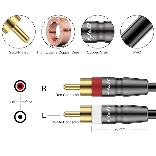 J&D RCA Cable, 2 RCA Male to Male Stereo Audio Cable, Gold-Plated Copper Shell, Heavy Duty, Compatible with Speaker, Amplifier, Subwoofer, 3 Feet
