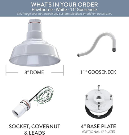 Steel Lighting Co. Hawthorne Barn Light | Outdoor Wall Mounted | 8 inch Dome | 11 inch Gooseneck| Small Farmhouse Light Made in America | White Exterior/White Interior
