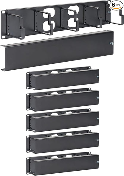 ICC 2U Ring Cable Manager Panel with Cover, Metal, 3" D-Rings, Horizontal Cable Management, Rackmount for 19” Network Racks, Black, 6-Pack