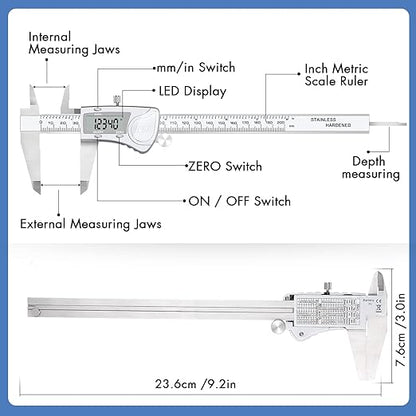 Simhevn Electronic Digital Calipers, inch and Millimeter Conversion,LCD Screen displays 0-6" Caliper Measuring Tool, Automatic Shutdown, Suitable for DIY/Jewelry Measurement (200mm Stainless Steel)