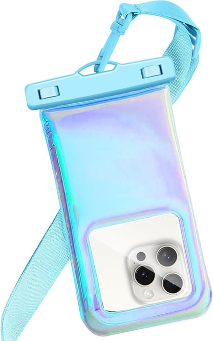 Floatable Waterproof Phone Pouch Case for iPhone 16 Pro Max/15/14/13/12, IP68 Travel Cellphone Waterproof Phone Pouch, Iridescent Blue,1 Pack