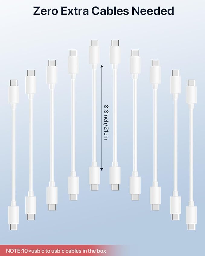 SooPii USB Charging Station,100W Fast Charging Station for Multiple Devices with 10pcs USB C Cables,10-Port Type C Phone Charger Station Organizer Compatible with lPad,Tablet,Kindle and More(White)