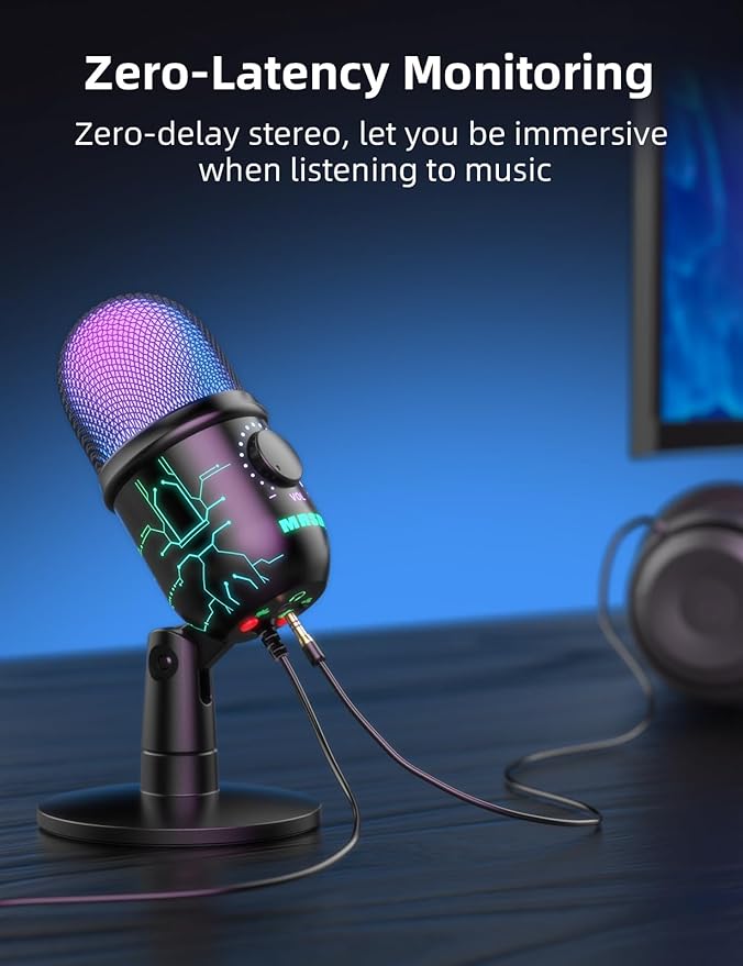 USB Microphone for PC, Mac, PS4, PS5, RGB Computer Microphone with Monitor, Mute and Noise Reduction, Great for Recording, Streaming, Gaming, Podcasting