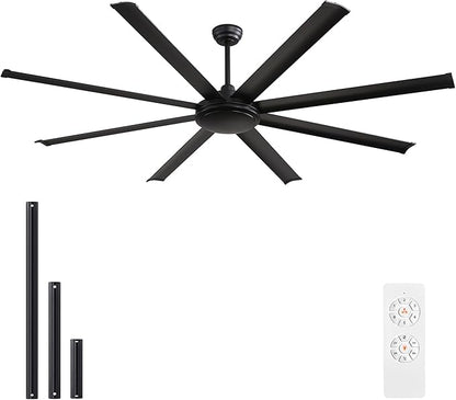 WINGBO 80 Inch Industrial Ceiling Fan without Light, 8 Aluminum Blades Ceiling Fan No Light, 6-Speed Reversible Noiseless DC Motor for Kitchen Bedroom Living Room, Matte Black