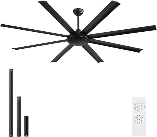 WINGBO 80 Inch Industrial Ceiling Fan without Light, 8 Aluminum Blades Ceiling Fan No Light, 6-Speed Reversible Noiseless DC Motor for Kitchen Bedroom Living Room, Matte Black