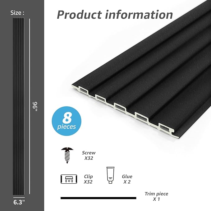 Art3d Slat Wall Panels, WPC Soundproof 3D Wall Paneling for Interior Wall Decor, TV Background, 8-Pack 96 x 6 in. Black