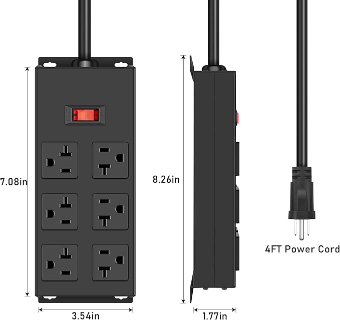 JUNNUJ 20 Amp Power Strip Heavy Duty 2 Pack, Garage 6 Outlets Metal 12 Gauge Surge Protector 3000J, High Amp 5-15P Adapter Shop 6-20R T-Slot Industrial (6AC 2-Pack, 4FT)