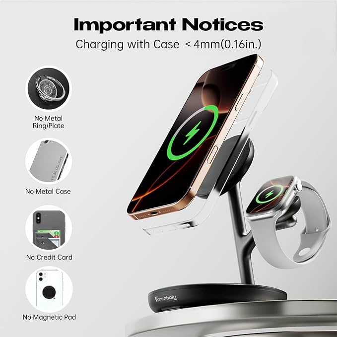 3 in 1 Wireless Charging Station for Multiple Devices Apple Magsafe Charger Stand, Mag-Safe Wireless Charger Dock for iPhone 16 15 14 13 12 Series Apple Watch Airpods Nignt Stand Charging Dock(Black)