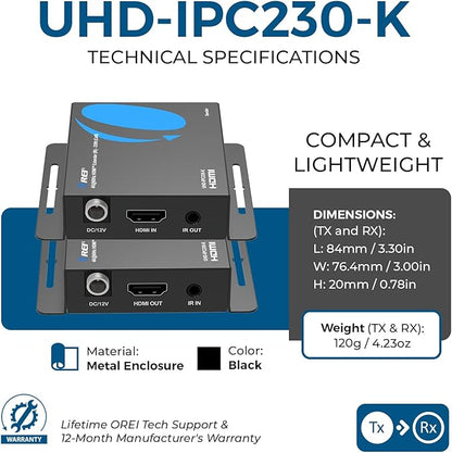 OREI HDMI Over Ethernet Extender via CAT6/7-4K@60Hz Up to 230 ft – HDMI 2.0 & HDCP 2.2 Compliant - 18Gbps Video Bandwidth with HDR 10 – Power Over Cable - 1 Year Warranty (UHD-IPC230-K)
