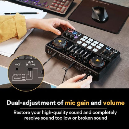 MAONO Audio Interface, MaonoCaster 10-Channel Podcast mixer with Pro-preamp, 48V Phantom Power, Bluetooth, 11 Customize sound pads for Recording, Streaming, Youtube, TikTok, PC, Guitar (AME2)
