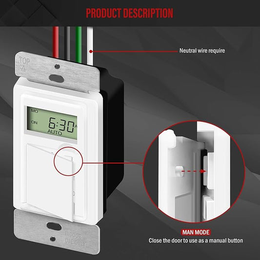 ENERLITES - HET01-C-W Programmable Digital Timer Switch for Lights, Fans, Motors, 7-Day18 ON/OFF Timer Settings, Single Pole, Neutral Wire Required, UL Listed, HET01-C, White