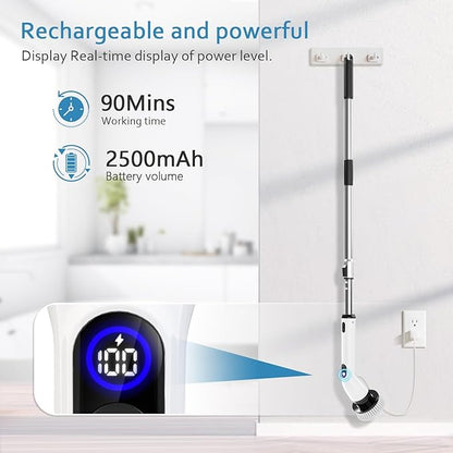 TUYU Electric Spin Scrubber, Full-Body IPX7 Waterproof Bathroom Scrubber with Power LCD Display, 8 Replacement Head, Adjustable Extension Handle, Cordless Shower Cleaner Brush for Bathtub Cleaning