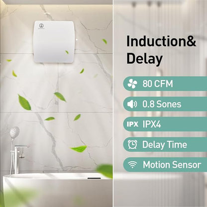 Hehou Bathroom Exhaust Automatic Fan for Wall and WIndow,Super Quiet 4 In Bathroom Motion Sensor and Delay Time Exhaust Fan with O Ring White 80 CFM Vent Fan