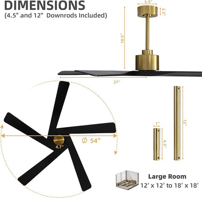 WINGBO 54" ABS DC Ceiling Fan No Light, 5 Blade ABS Plastic Ceiling Fan with Remote, 6-Speed Reversible DC Motor, Ceiling Fans without Light for Kitchen Bedroom Living Room, Brass and Matte Black