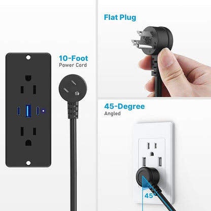 CCCEI Recessed Power Strip with Outlet and 65W USB C Ports, Furniture Flush Mount Power Strip, Small Desk Hidden Outlet for Conference Table, Nightstand, Black, 10FT.