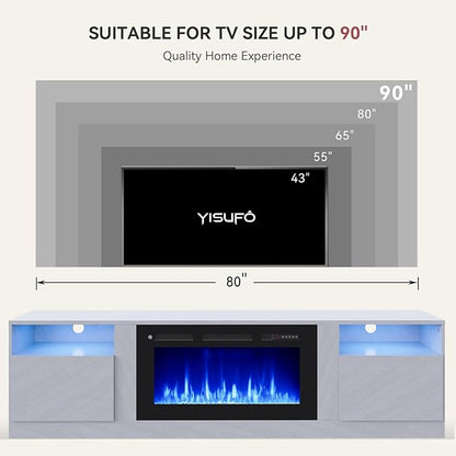 YISUFO 80” TV Stand with 36” Electric Fireplace, Large Modern Media Entertainment Center with Storage Cabinet and 12 Colors LED Lights for TVs Up to 90",Grey and Black