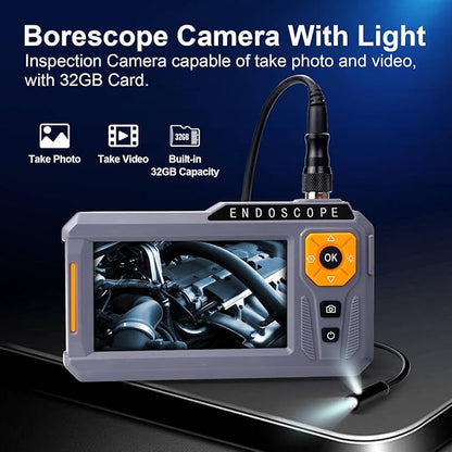 5‘’ Dual Lens Endoscope Camera with Light, 1080P Borescope Inspection Camera with Photo & Video, 7.9mm IP67 Waterproof Sewer with 7 LED Lights,16.5FT Semi-Rigid Cable, Built-in 32G Card