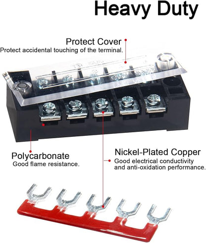 MILAPEAK Terminal Block and Strip - 10pcs (5 Sets) 5 Positions Dual Row 600V 15A Screw Terminal Strip Blocks with Cover + 400V 15A 5 Positions Pre-Insulated Terminals Barrier Strip (Black & Red)