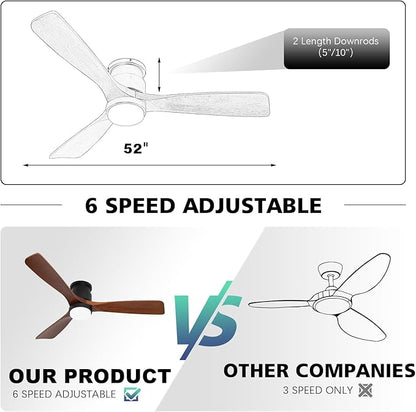 revoici 52" Ceiling Fans Flush Mount with Lights and Remote Control, Dark Brown Solid Wood Ceiling Fans for Indoor Outdoor Farmhouse, Timing 6 Speeds 3 Color Light with Memory Lighting