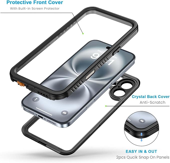Lanhiem for iPhone 16 Plus Case, IP68 Waterproof Dustproof Shockproof Cases with Built-in Screen Protector, 360 Full Body Heavy Duty Rugged Phone Cover for iPhone 16 Plus - 6.7 inch (Black/Clear)