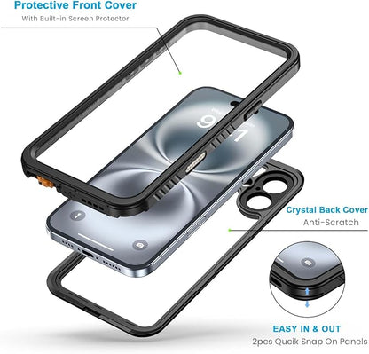 Lanhiem for iPhone 16 Plus Case, IP68 Waterproof Dustproof Shockproof Cases with Built-in Screen Protector, 360 Full Body Heavy Duty Rugged Phone Cover for iPhone 16 Plus - 6.7 inch (Black/Clear)