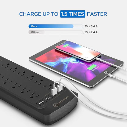 Witeem Surge Protector Power Strip - 12 Outlets, 4 USB 3.4A Ports, 6Ft Extension Cord, 1875W/15A, 4360Joules, Wall Mountable, Overload Protection - Ideal for Home & Office Use (Black-3.4A)