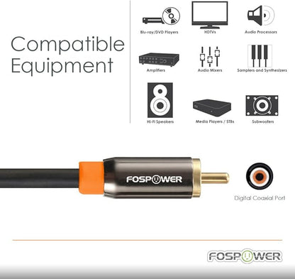 FosPower Digital Audio Coaxial Cable [24K Gold Plated Connectors] Premium S/PDIF RCA Male to RCA Male for Home Theater, HDTV, Subwoofer, Hi-Fi Systems - 10ft/2Pack