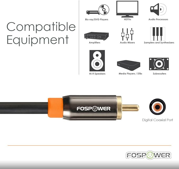 FosPower Digital Audio Coaxial Cable [24K Gold Plated Connectors] Premium S/PDIF RCA Male to RCA Male for Home Theater, HDTV, Subwoofer, Hi-Fi Systems - 10ft
