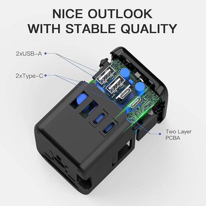 Universal Travel Adapter, 5 in 1 International Travel Plug Adapter with 2 USB A and 2 USB C, Worldwide Travel Plug Adaptor UK to European Power Socket Charger for EU USA UK AUS Asia