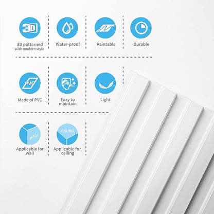 Art3d Slat Wall Panel, 3D Fluted Textured Panel 12-Tile 19.7 x 19.7in. - White