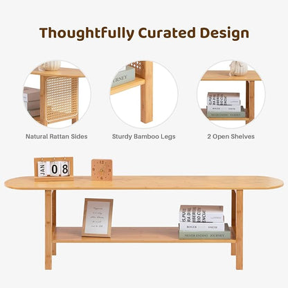 HollyHOME Bamboo TV Stand with Storage for TVs up to 65", Modern Entertainment Center with Rattan Side, Accent TV Table with 2 Shelf, Media Console TV Stand for Living Room, Bedroom, Burlywood