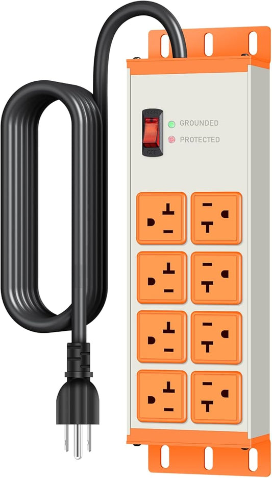 JUNNUJ Heavy Duty 20 Amp Surge Protector 4800J, Garage Metal 8 Outlets 12 Gauge, High Amp 5-15P Adapter Shop 6-20R T-Slot Industrial Outlet, 6 FT Extension Cord Commercial for Appliance, Grey