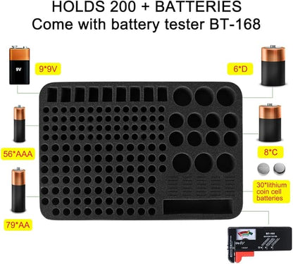 Battery Organizer Storage Box with Tester, Battery Vault Case Fireproof Waterproof Explosionproof Holder Box with Tester BT-168 Checker Carrying Case Container Bag Fit for 200+ Batteries AA AAA C D 9V