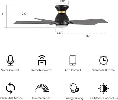 SMAAIR 52 Inch Smart Ceiling Fan with Light and Remote, Flush Mount Modern Ceiling Fan with lights,Compatible with Alexa/Google Assistant/Siri,Timer and Schedule,10 Speed DC Motor,Black