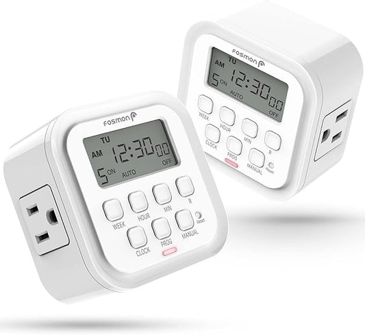 Fosmon 7 Day Digital Timers for Electrical Outlets, Indoor Plug-in Light Timers Switch Programmable, Electric Wall Plug for Lamp, Grow Reptile Lights, Aquarium, 15A/1875W, Grounded- 2 Pack