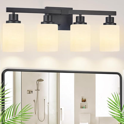 DIKAIDA Bathroom Light Fixtures, 4-Light Matte Black Bathroom Vanity Lights with Milky White Glass Shade, Bathroom Lights Over Mirror Wall Lamp Sconces for Mirror Bedroom, Living Room Hallway