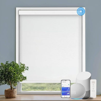 COOLWINDS Motorized Blinds with Remote Cordless Automatic Motorized Shades Custom Blinds for Windows Smart Curtains Compatible with Alexa Google Home(Light Filtering Jacquard White,W70 x H72in)