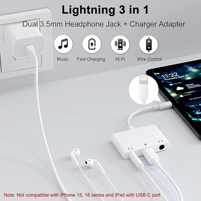 Unitrox 3 in 1 Dual 3.5mm Headphone Jack Adapter - Earphone Jack Audio and Charging Adapter - Headphone Splitter for iPhone 14/13/ 12/11/ X/ 8 - White