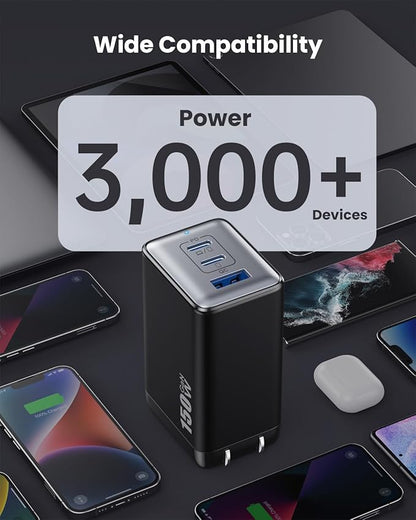 150W USB C Charger Block,GaN III Compact Foldable Wall Charger 3 Port Fast Charging Station,PD QC PPS Portable USB C Hub 100W Laptop Adapter for MacBook Pro/Air,iPad,iPhone 17/Pro,Galaxy S24,Dell etc