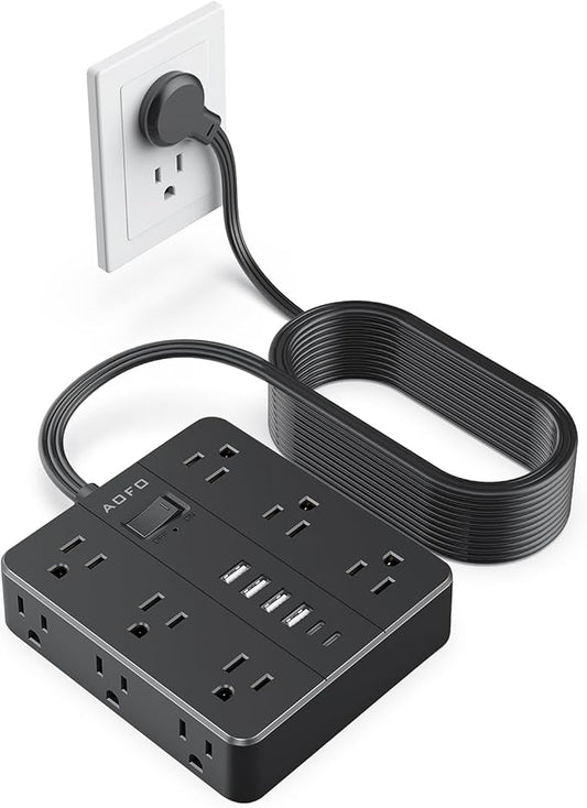 AOFO 20FT Surge Protector Power Strip,12 AC Outlets with 6 USB Ports (2 USB-C), Flat Plug Extension Cord with Multiple Outlets, Wall Mount for Home Office,Dorm,Black