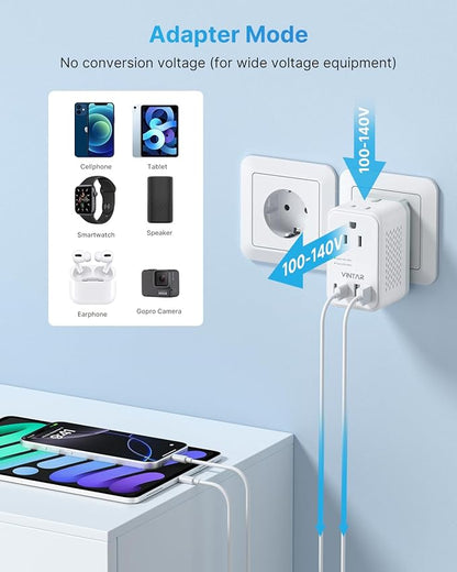 220V to 110V Voltage Converter US to Europe, VINTAR 2000W Detachable Power Converter Adapter Combo with Type A/C/G/I Plugs, International Travel Converter for Hair Dryer Straightener Curling Iron