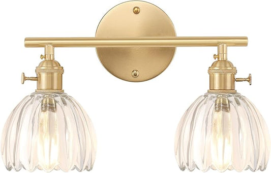 Shenmoyl Bathroom Light Fixtures, 2-Light Brass Vanity Wall Light Over Mirror with Clear Tulip Glass Shade for Bedroom Living Room (Bulb Not Included)