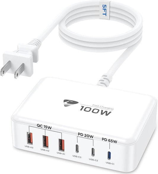 Aiminu USB C Charger Block Charging Station 6-Port 100W GaN USB C Fast Charging for Multiple Devices PD 3.0 Type C & USB A Wall Charger Power Adapter for All iPhone iPad Samsung Android Pixel Series