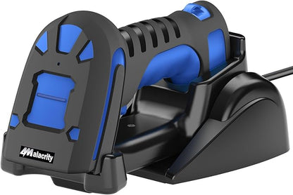 Alacrity Upgraded 2D Industrial Barcode Scanner with Wireless Charging Stand, 1968 Feet Transmission Distance 433Mhz Wireless & Bluetooth 2in1 Barcode Reader, Shock Dust Proof Hands Free, Blue
