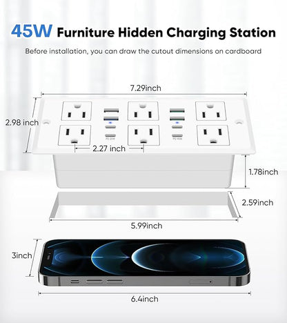 Recessed Power Strip with 45W USB C, Furniture Desk Flush Mount Outlet, Ultra Thin Flat Plug Power Strip, 6 Outlets & 8 USB Ports, 10FT Cord (White)
