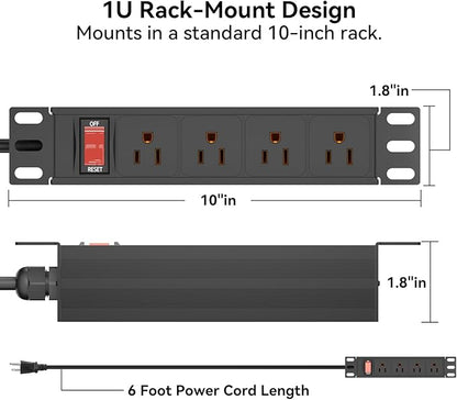 10" Rack PDU- 1U (4Outlets) 10-inch Mini Rack Power Distribution Unit with Protection (125V/15A 6ft Cable), Network Cabinet Rack Mount Power Strip (Wall, Desktop, or Server Rack Mountable)